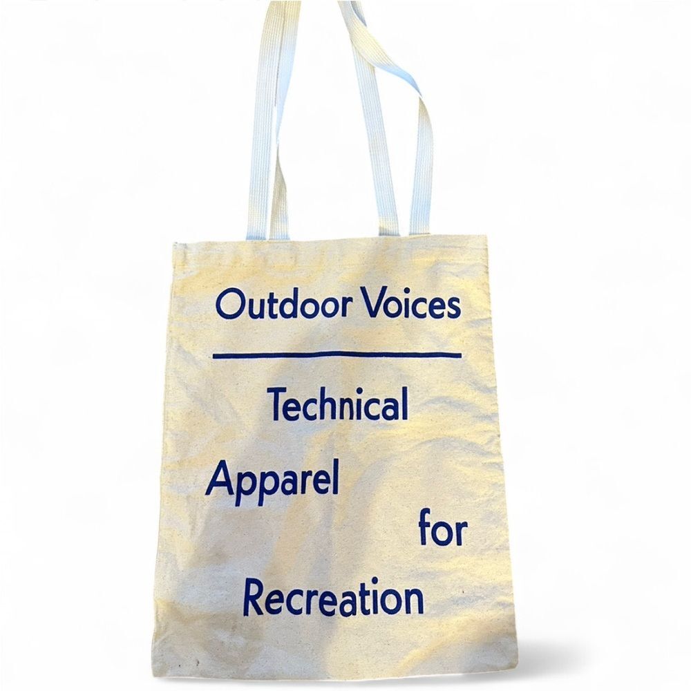 Outdoor Voices Cream Tote with Blue Text